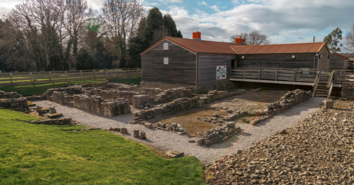 External view of Binchester Roman Fort with the Roman ruins visible. 